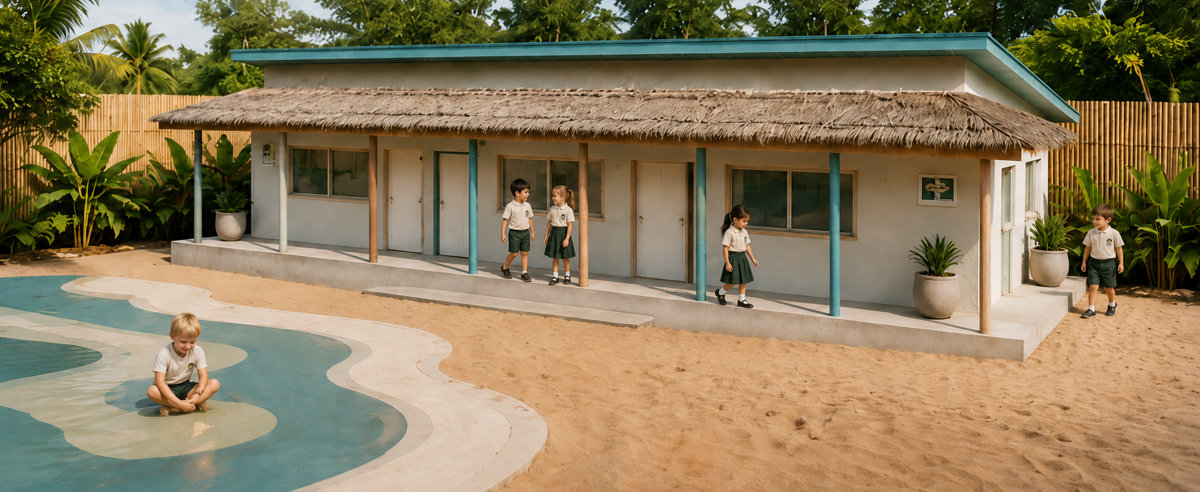 Purpose-built classrooms with thatched roofs