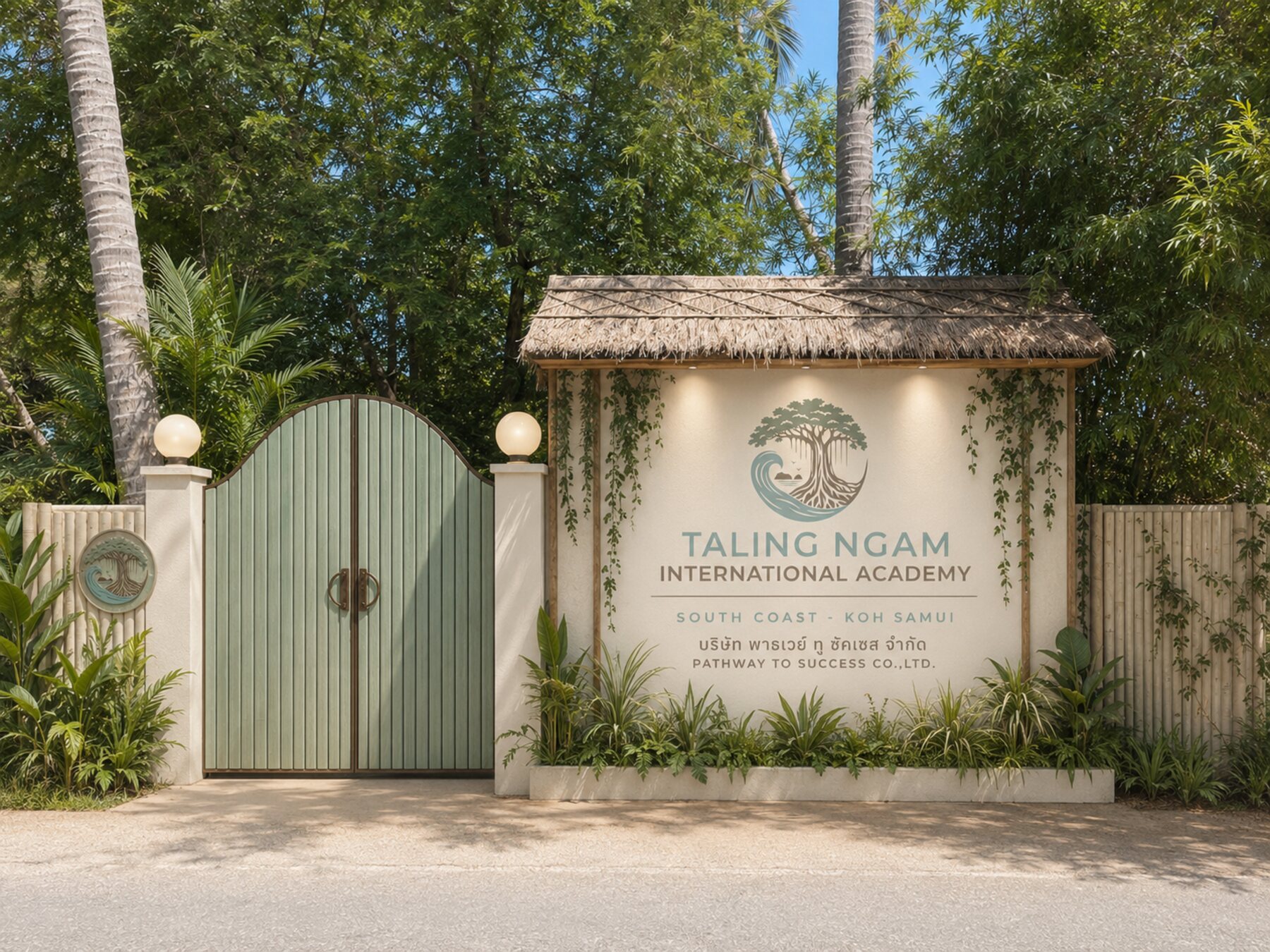 The entrance to Taling Ngam International Academy, framed by tropical greenery
