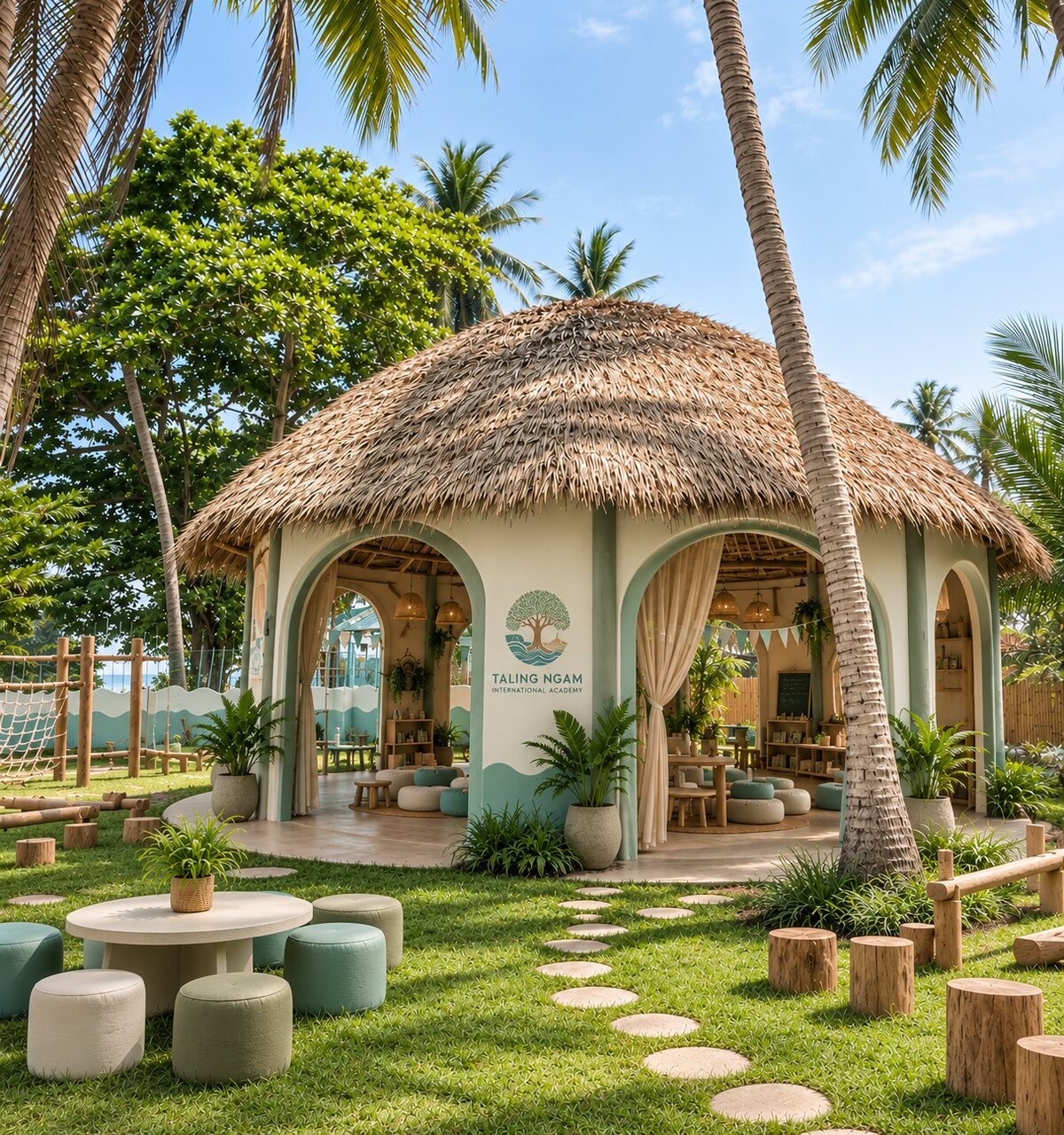 A thatched open-air learning shala — artist's impression